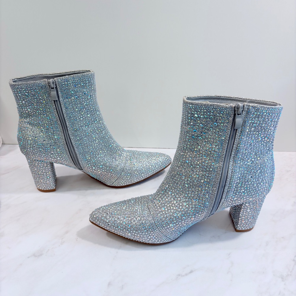Glam Rave Ankle Boots Rhinestone Iridescent Block Heel Women Silver